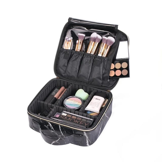 Travel Makeup Train Case Makeup Cosmetic Case Organizer with Adjustable Dividers (Black Marble)