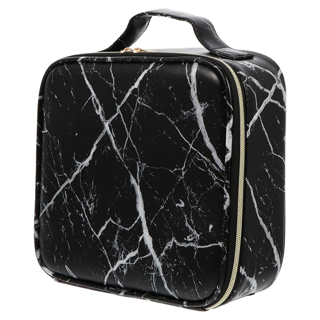 Travel Makeup Train Case Makeup Cosmetic Case Organizer with Adjustable Dividers (Black Marble)