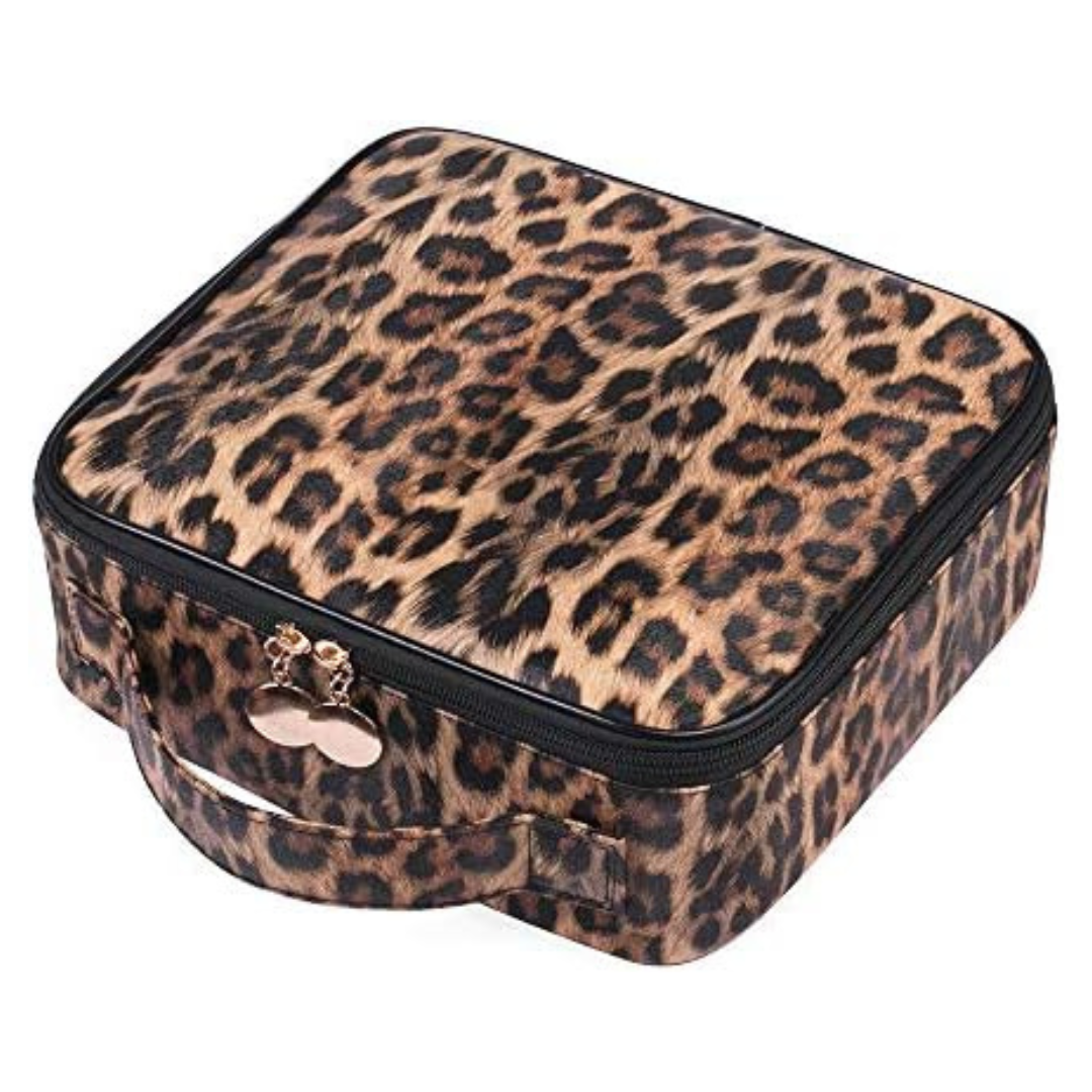 Travel Makeup Train Case Makeup Cosmetic Case Organizer with Adjustable Dividers (Leopard)