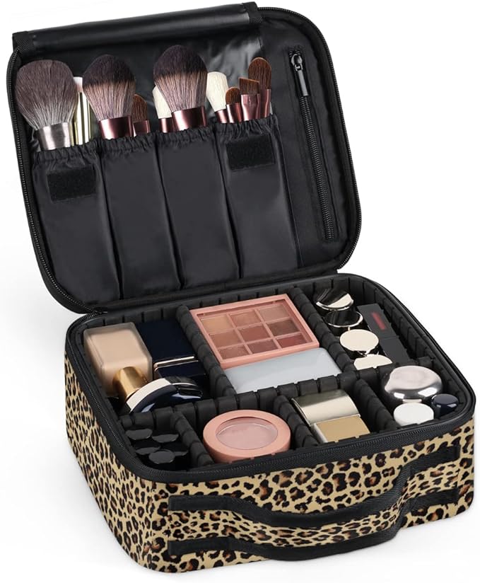 Travel Makeup Train Case Makeup Cosmetic Case Organizer with Adjustable Dividers (Leopard)