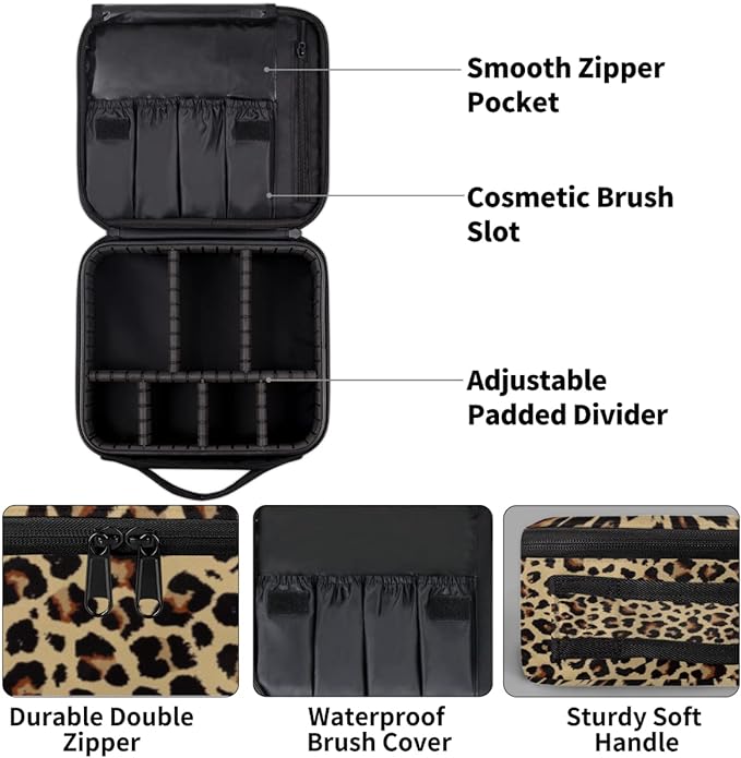 Travel Makeup Train Case Makeup Cosmetic Case Organizer with Adjustable Dividers (Leopard)