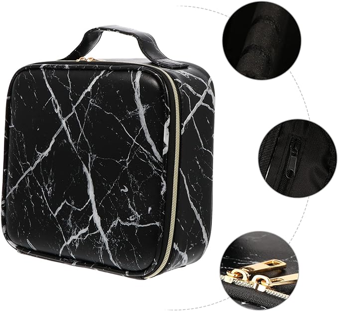 Travel Makeup Train Case Makeup Cosmetic Case Organizer with Adjustable Dividers (Black Marble)