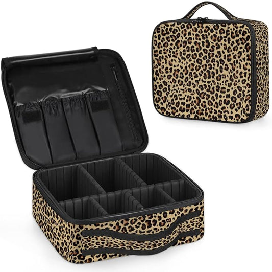 Travel Makeup Train Case Makeup Cosmetic Case Organizer with Adjustable Dividers (Leopard)