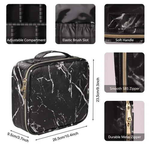 Travel Makeup Train Case Makeup Cosmetic Case Organizer with Adjustable Dividers (Black Marble)