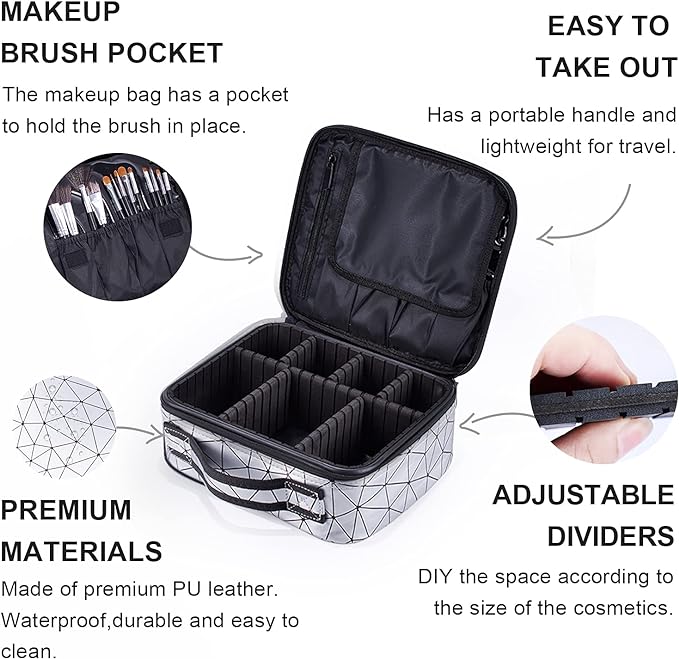 Travel Makeup Train Case Makeup Cosmetic Case Organizer with Adjustable Dividers (Silver)