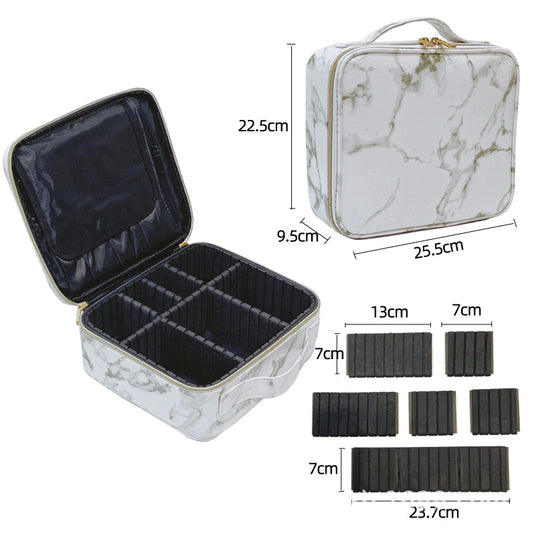 Travel Makeup Train Case Makeup Cosmetic Case Organizer with Adjustable Dividers (White Marble)