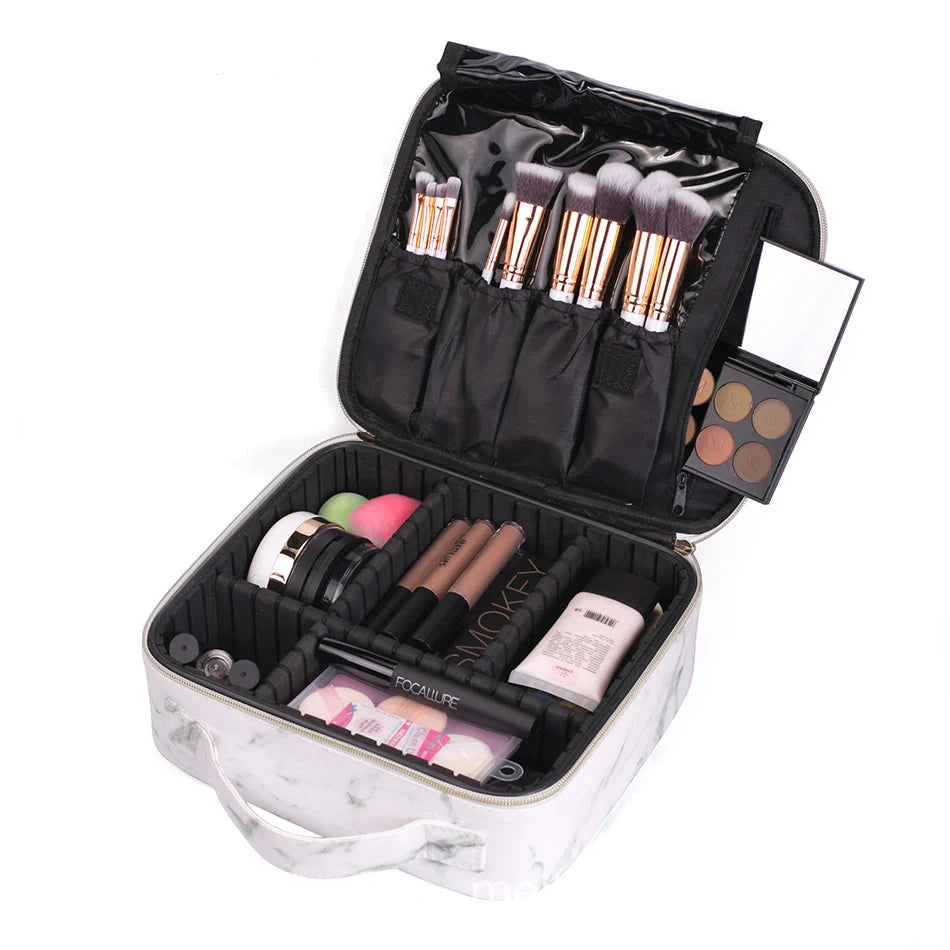 Travel Makeup Train Case Makeup Cosmetic Case Organizer with Adjustable Dividers (White Marble)