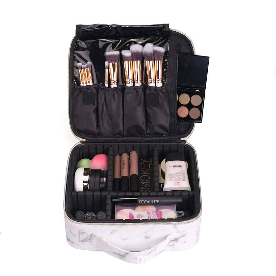 Travel Makeup Train Case Makeup Cosmetic Case Organizer with Adjustable Dividers (White Marble)